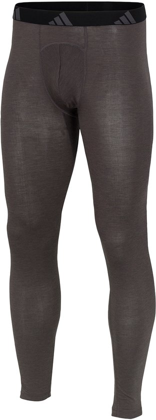 Antracietgrijze thermobroek met een brede zwarte tailleband met adidas-logo, geïsoleerd op een witte achtergrond.