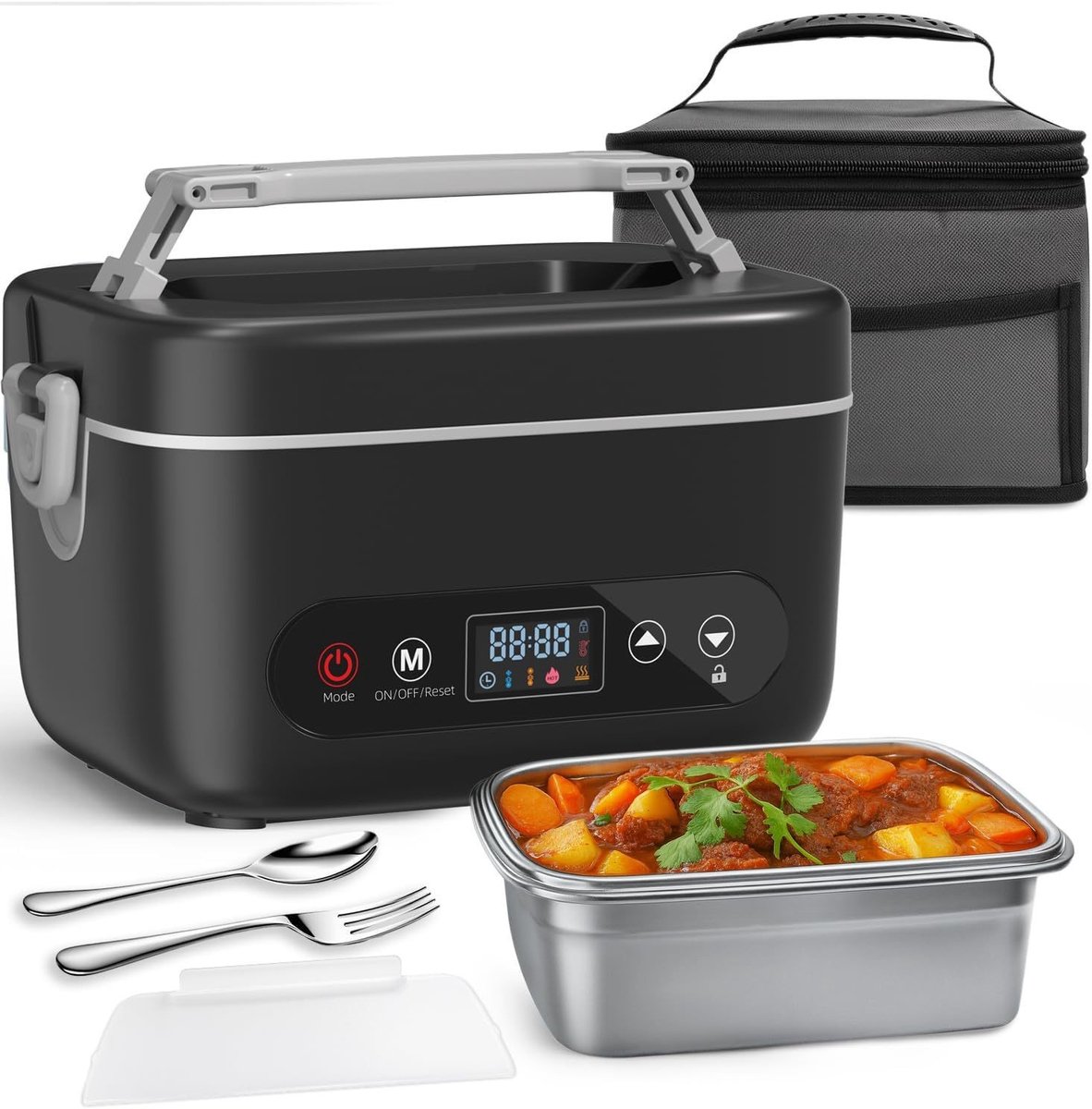 Deze elektrische lunchbox van 1,3 liter heeft een ingebouwde batterij van 12000 mAh, draadloze verwarming en een slimme timer, waardoor hij perfect is voor op kantoor, op reis en tijdens het kamperen (zwart).