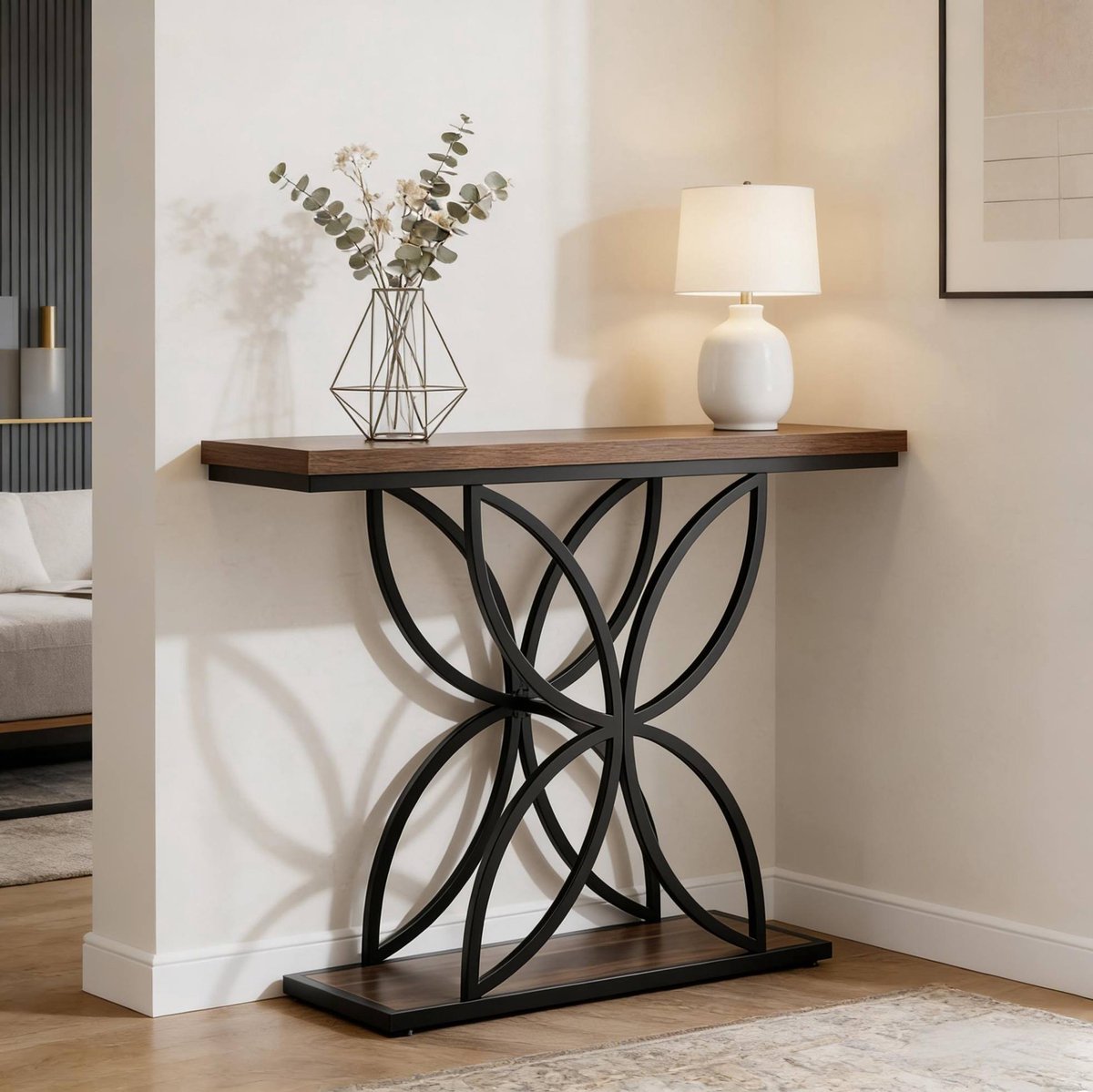 MODFU-Sidetable-Industrieel-Mdf-Metaal-Zwart-Bruin-120X30X83 Cm