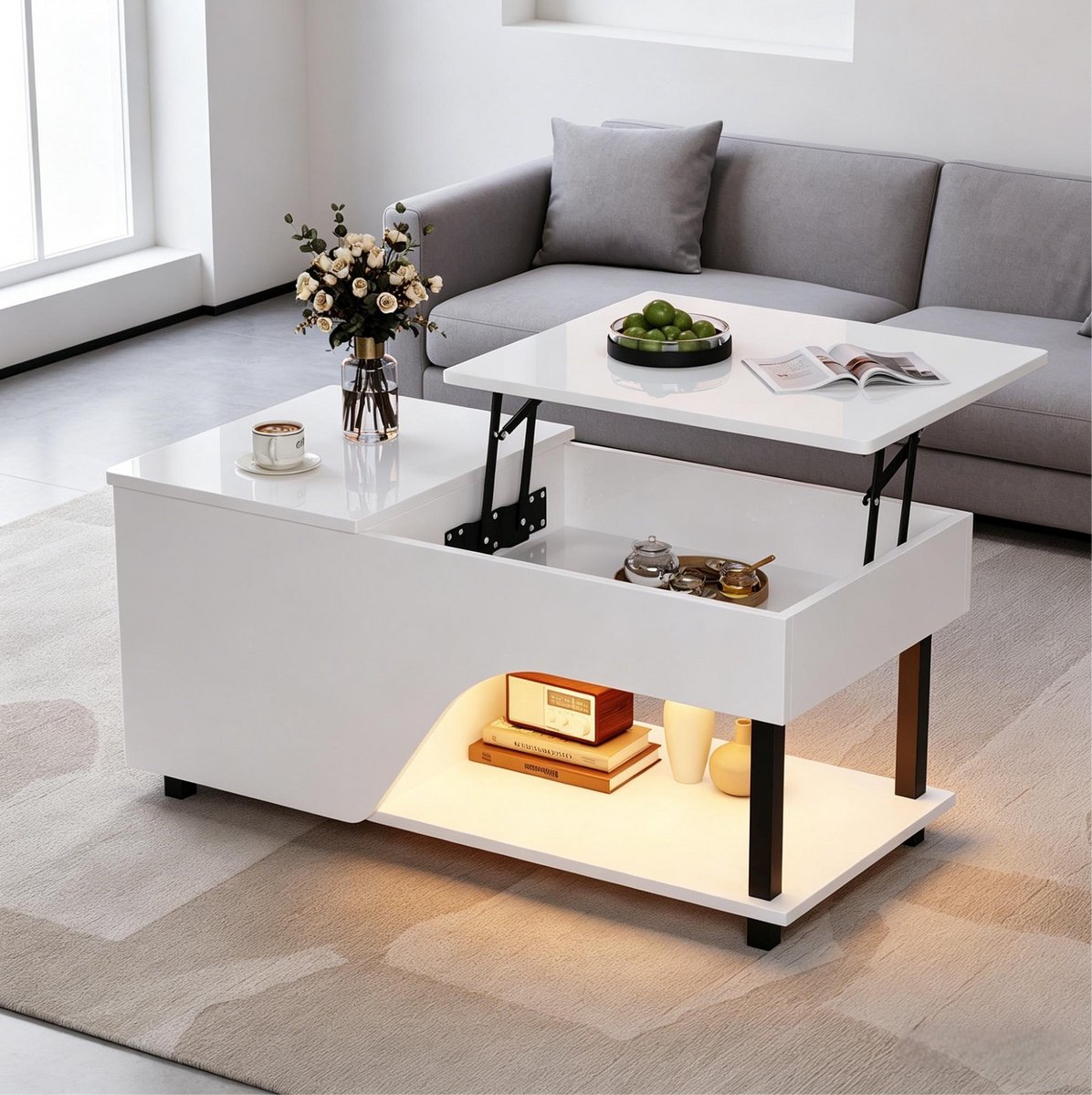 MODFU - Salontafel - Hoogteverstelbaar Met Opbergvak - Modern - Woonkamer - Wit - 100 x 50 x 46 cm