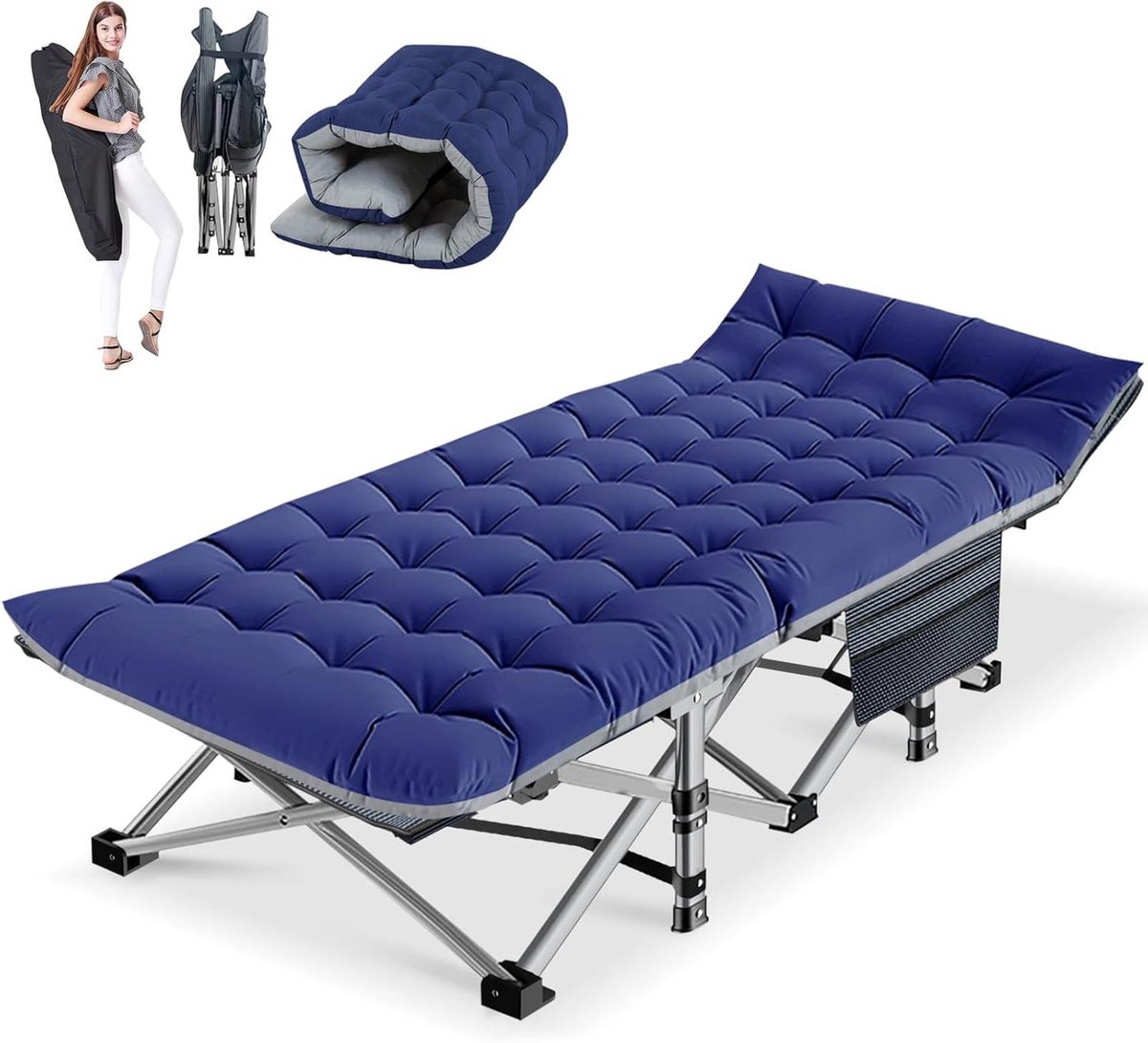Klapbed met Matras - Logeerbed Veld - Ontspannen Buiten - Inclusief Zijvakken - 190 x 71 cm - Blauw