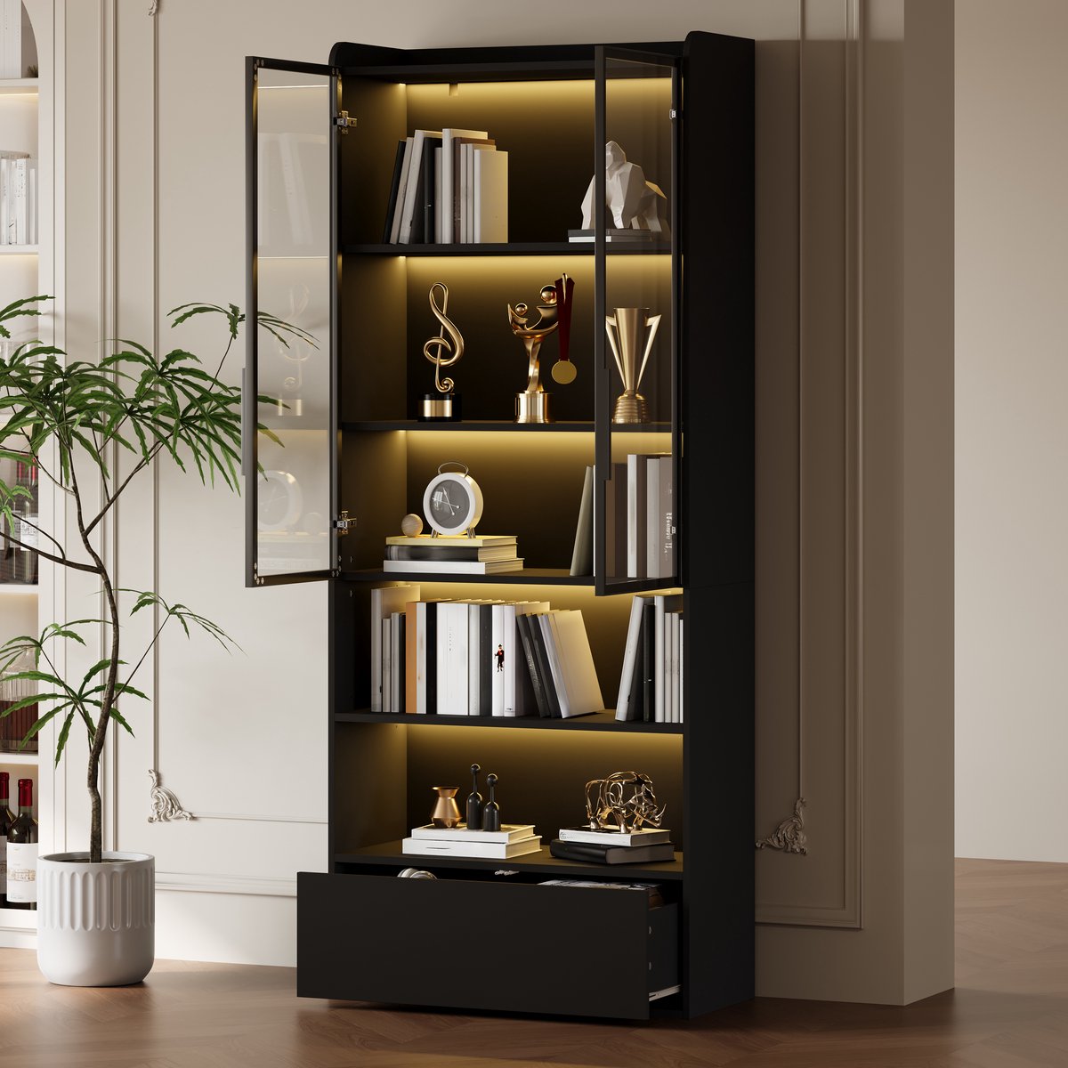 MODFU - Vitrinekast - Hoog Model - Zwart - 80 X 34 X 180 Cm