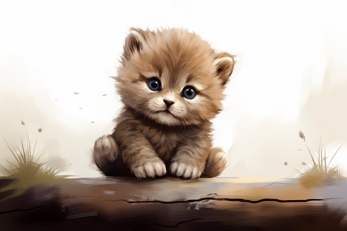 Kitten Poster - Fluffy Dieren - Kat - Aquarel Stijl - Poes - Kinderkamer - Babykamer - Babydieren - posters - formaat 100x70cm - Wanddecoratie - L1313CW
