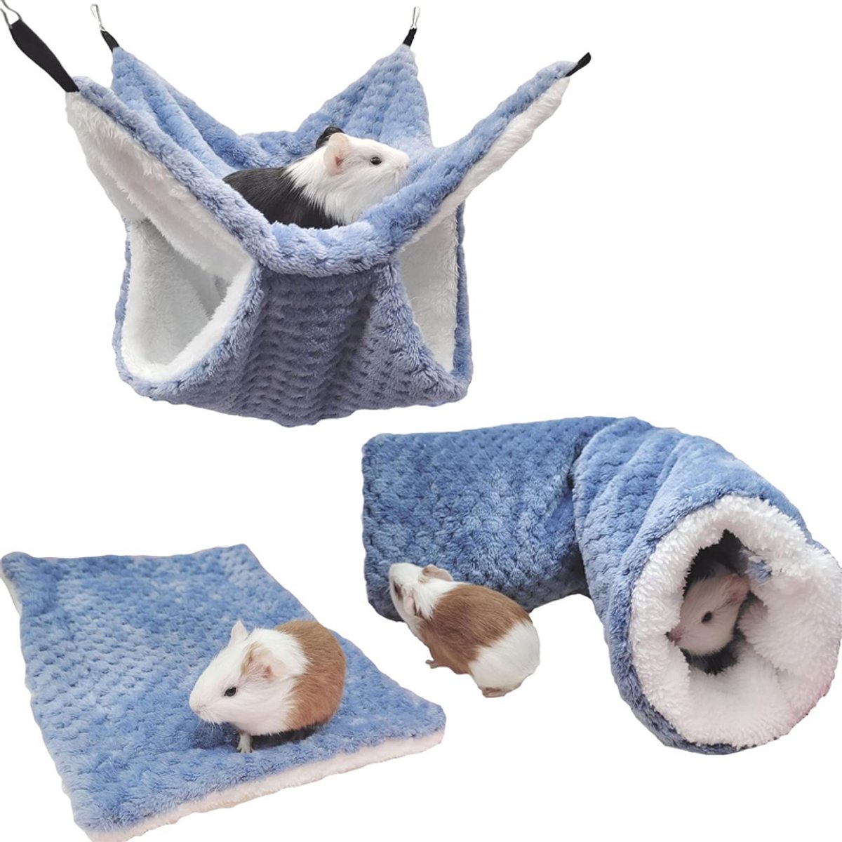 Hangmat voor huisdieren – 3-delige set – Hangende pluche tunnel – Hangmat, tunnel, mat – Speelgoed voor huisdieren – Huisdierbed – Warmte voor de winter -Geschikt voor huisdieren binnenshuis zoals fretten, hamsters, vinken, eekhoorns en cavia’s-Blauw