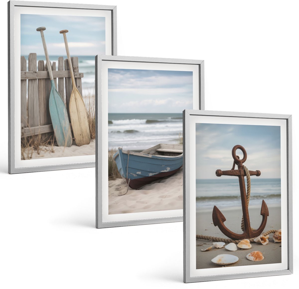 Coloray 3-Delige Schilderij Set - Strand Met Een Roeiboot En Een Anker Op Het Zand - 40 x 60 cm - Decoratieve Muurdecoratie - Slaapkamer - Decoratieve Schilderijen