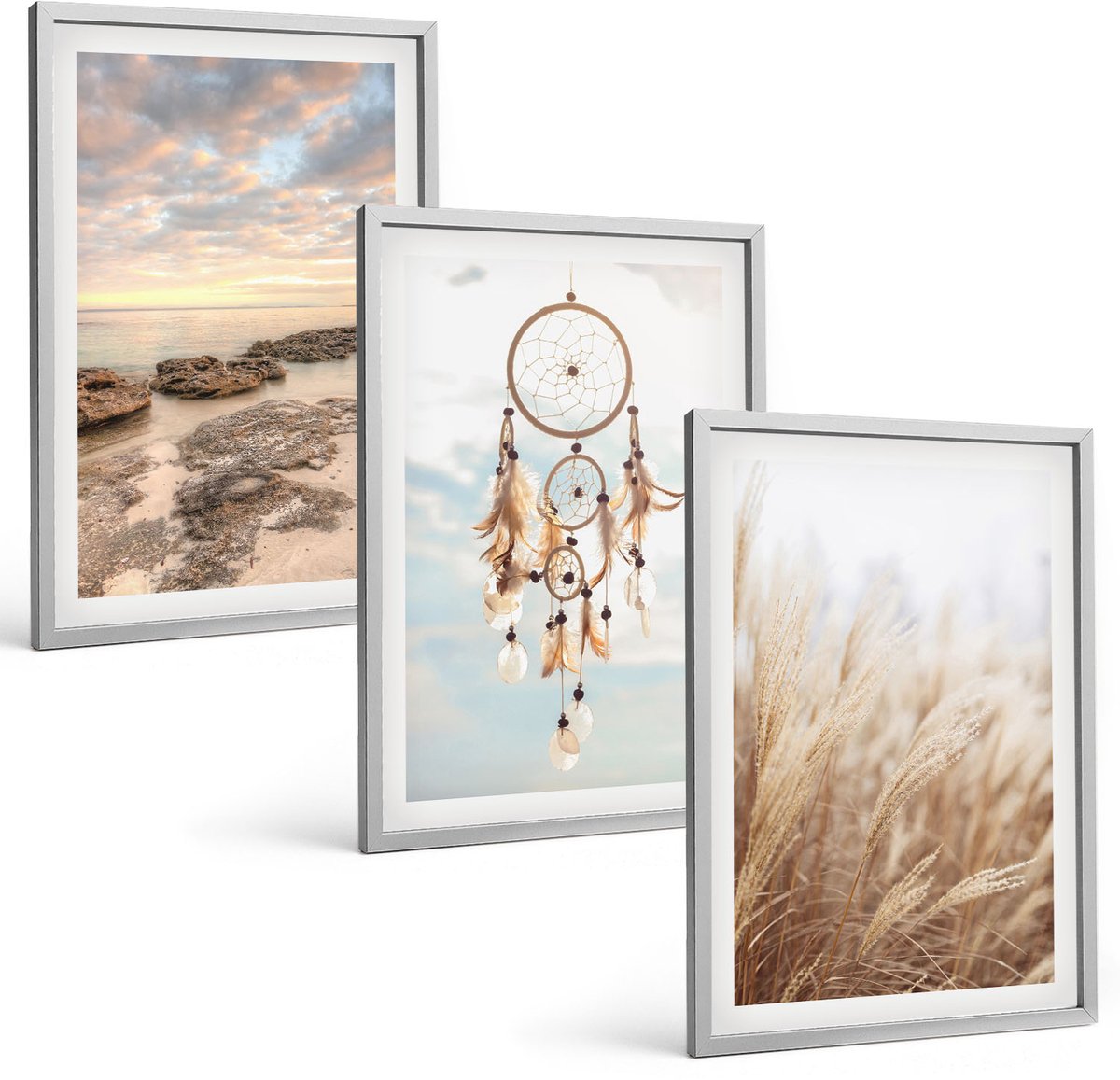 Coloray 3-Delige Schilderij Set - Zeezicht Met Wolken, Dromenvanger En Gras - 40 x 60 cm - Decoratieve Schilderijen - Woonkamer - Interieur