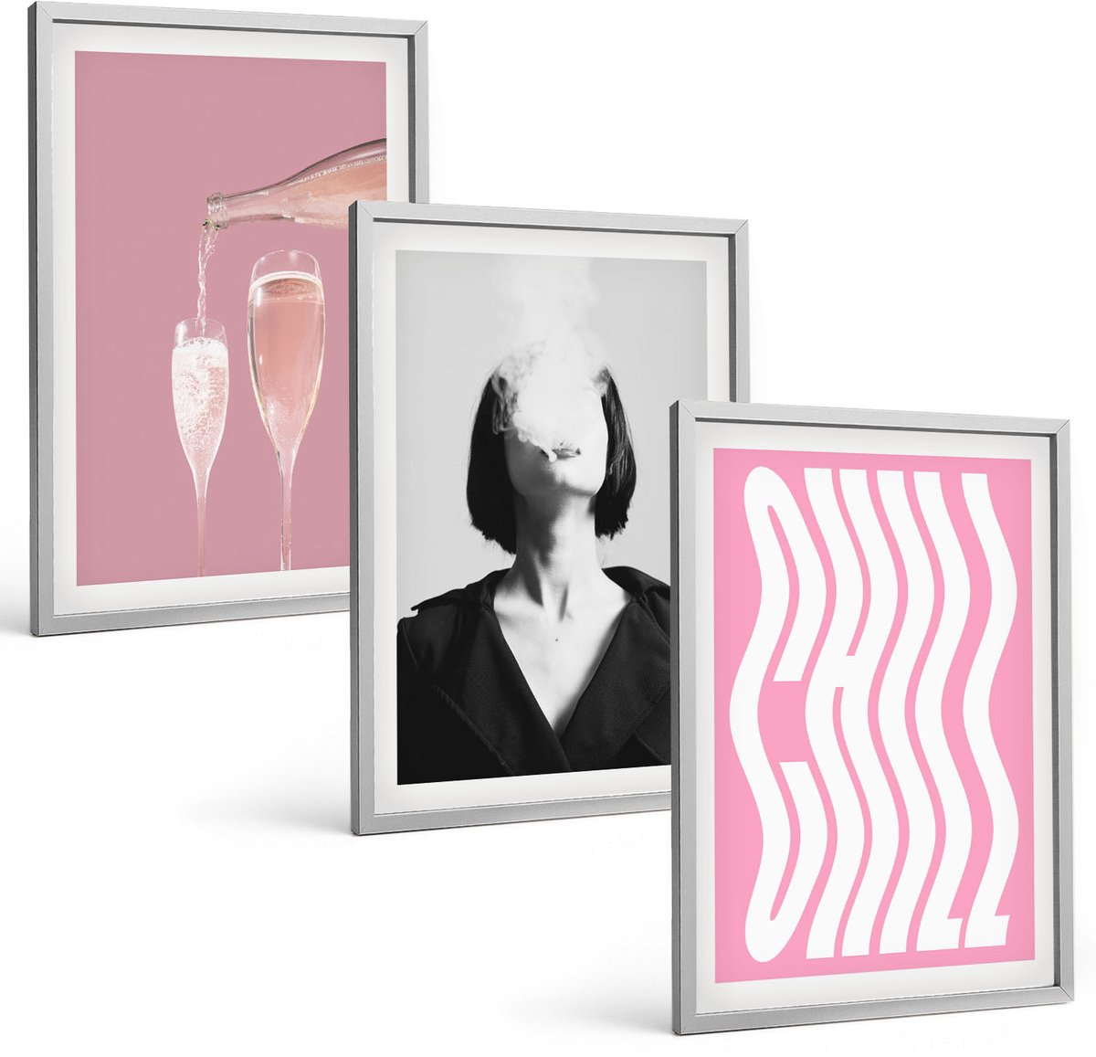 Coloray 3-Delige Schilderij Set - Stijlvol Portret Van Een Vrouw, Champagne En Ontspanning. - 40 x 60 cm - Decoratieve Schilderijen - Woonkamer - Interieur - Moderne Wanddecoratie