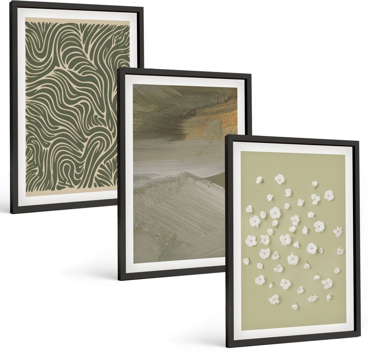Coloray 3-Delige Schilderij Set - Golvende En Abstracte Patronen Met Boho-Bloemen - 40 x 60 cm - Muurdecoratie - Schilderijen Set - Woonkamer - Interieur Decoratie Zwarte lijst