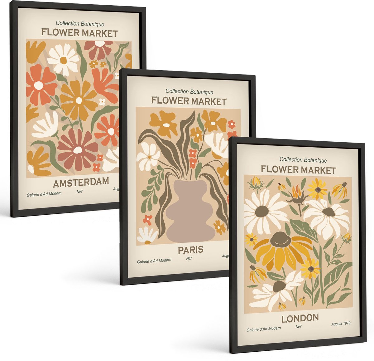 Coloray 3-Delige Schilderij Set - Bloemenpatronen Uit Amsterdam, Parijs En Londen - 40 x 60 cm - Decoratieve Schilderijen - Wanddecoratie - Hal