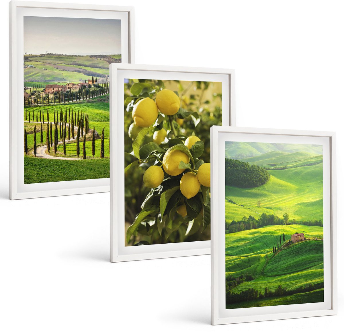 Coloray 3-Delige Schilderij Set - Italiaanse Landschappen Met Citrusbomen En Groene Heuvels - 40 x 60 - Stijlvolle Muurdecoratie - Slaapkamer - Decoratieve Schilderijen
