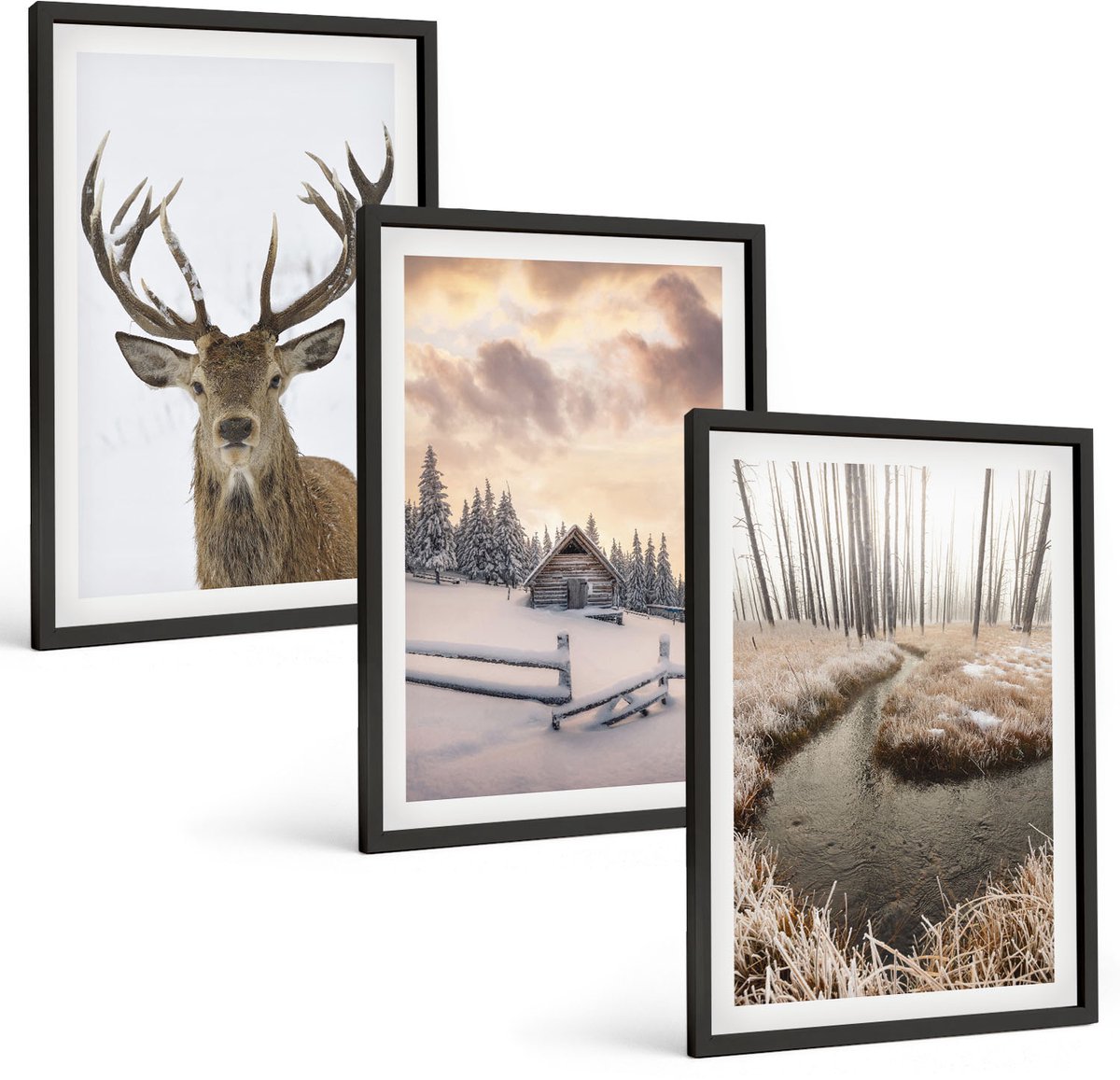 Coloray 3-Delige Schilderij Set - Winterlandschap Met Hertenhut En Beekje - 40 x 60 cm - Decoratieve Schilderijen - Woonkamer - Interieur