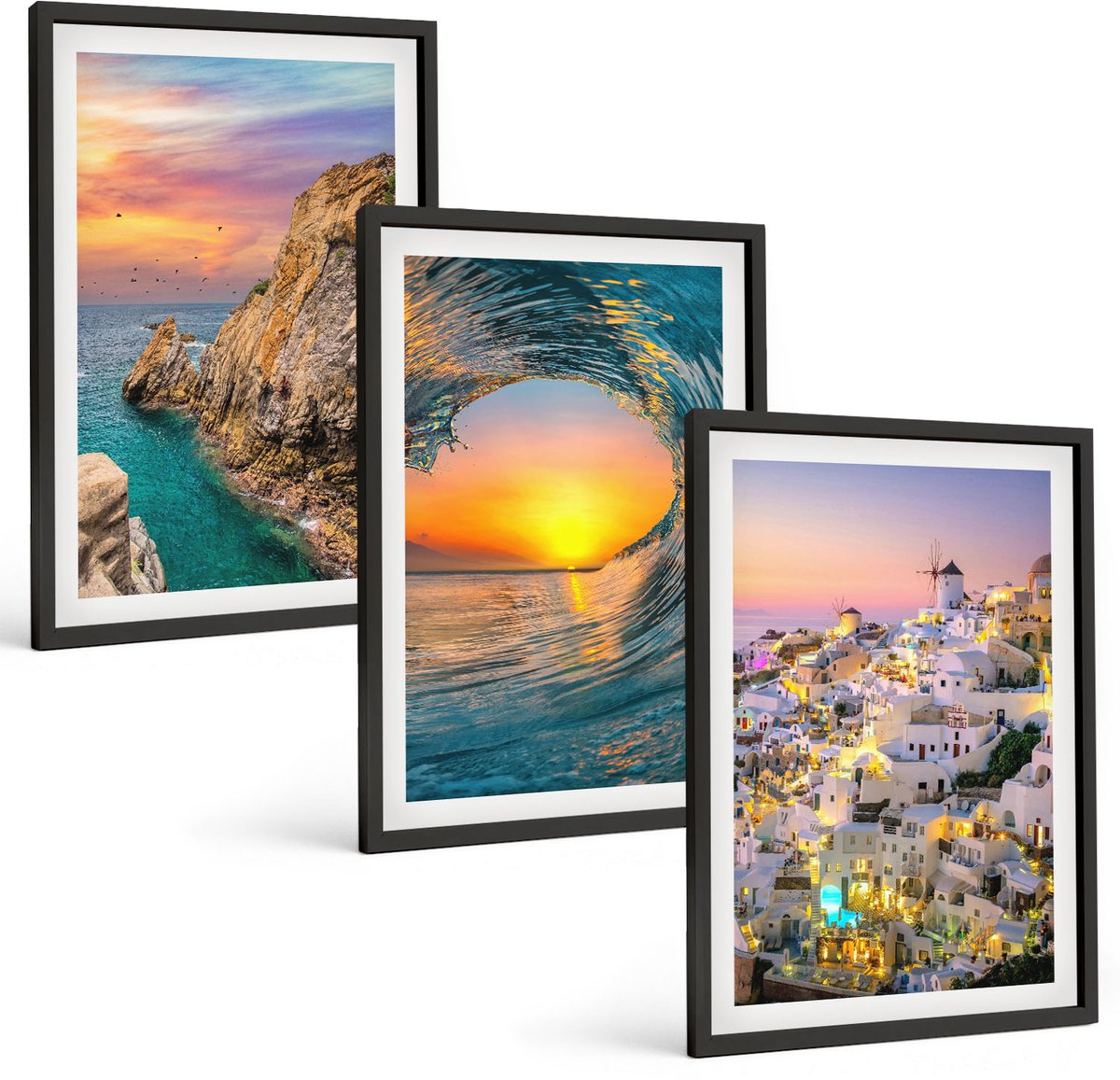 Coloray 3-Delige Schilderij Set - Uitzicht Op De Zee, De Golven En De Witte Huizen Op Santorini, Griekenland - 40 x 60 cm - Wanddecoratie - Moderne Interieurdecoratie - Muurdecoratie