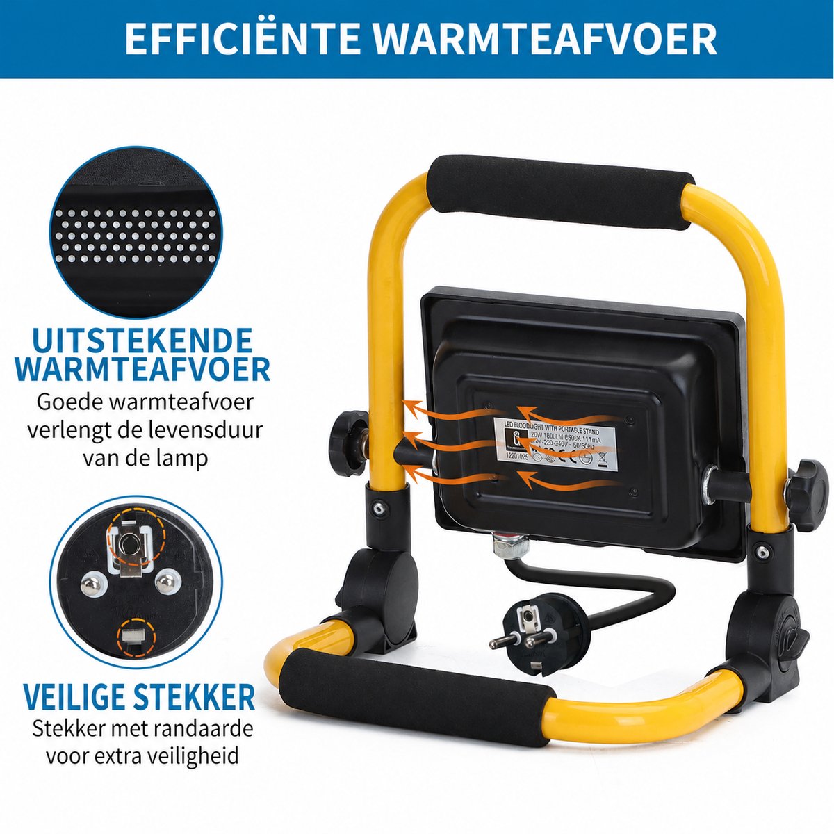 13VRQ - LED Werklamp - Bouwlamp - 20W - 1800lm - IP44 - 6500K Daglicht wit - incl. 1.8m Aansluitstekker van Aigostar — cadeau in Tuin & Klussen - foto 5