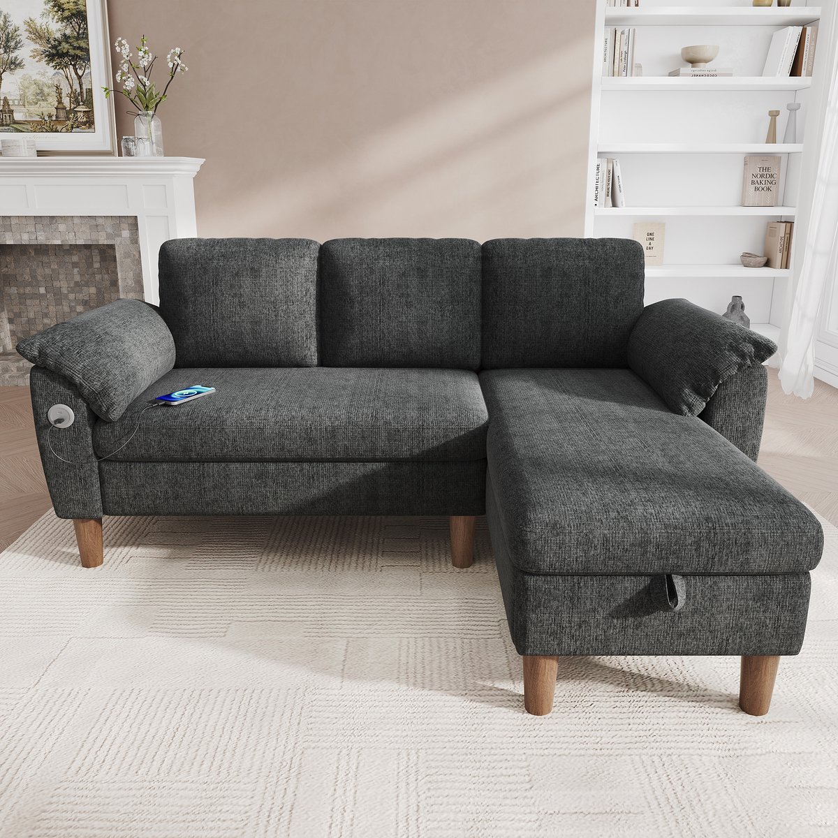 VVBV Hoekbank 181x125x88 cm - Opbergruimte, Modulair, USB-C, Chenille, Met Hocker - Donkergrijs, Chenille