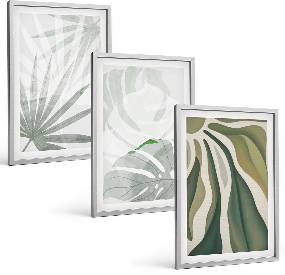 Coloray 3-Delige Schilderij Set - Plantenbladeren In Tinten Groen En Grijs - 40 x 60 cm - Moderne Wanddecoratie - Woonkamer - Woonkamer Decoratie
