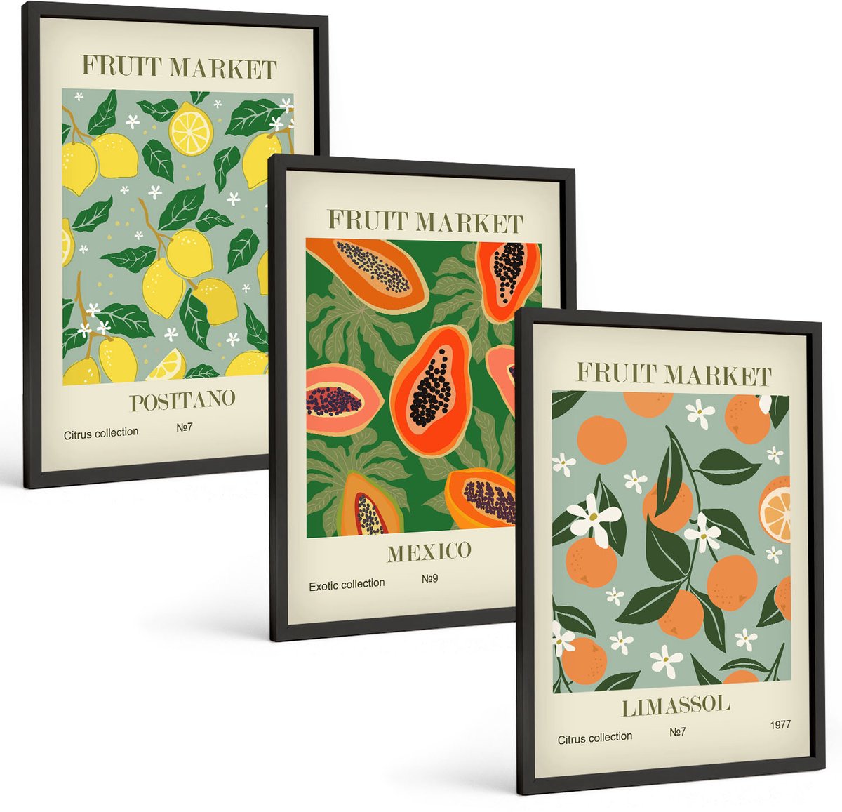 Coloray 3-Delige Schilderij Set - Fruitposters Citroenen Papaja'S Mandarijnen Bloemen - 40 x 60 cm - Wanddecoratie - Schilderijen Set - Interieur - Muurdecoratie