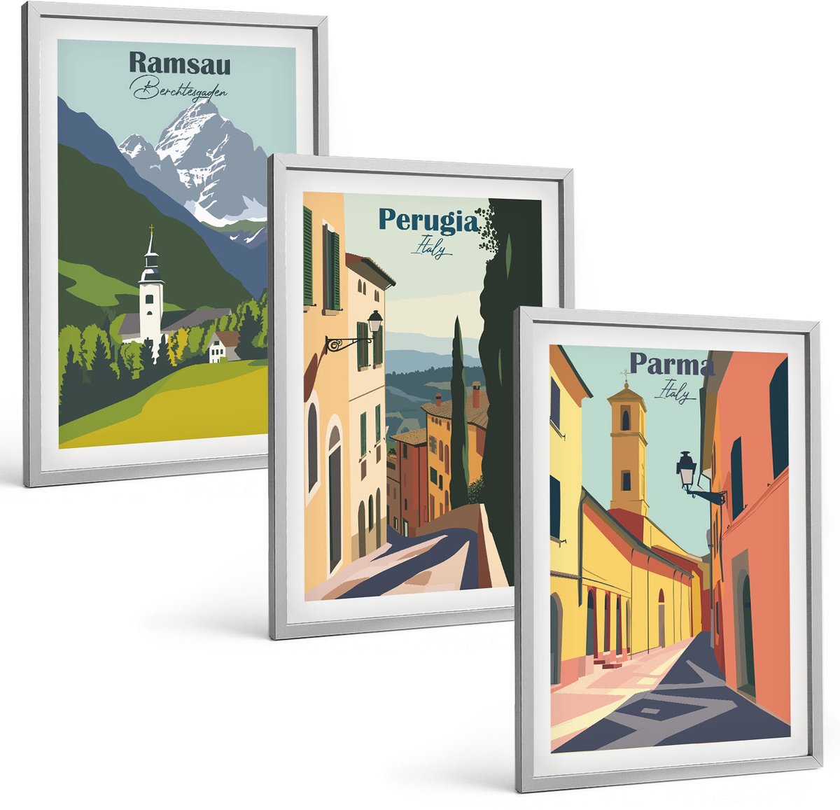 Coloray 3-Delige Schilderij Set - Berglandschappen En Straten Van Italiaanse Steden - 40 x 60 cm - Decoratieve Schilderijen - Woonkamer - Interieur - Stijlvolle Muurdecoratie