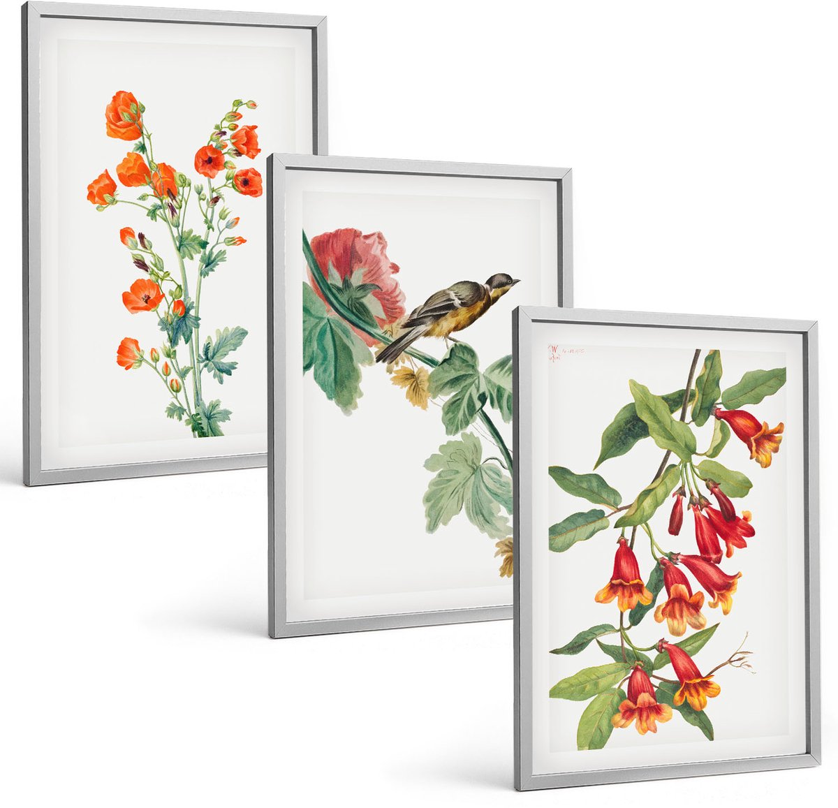 Coloray 3-Delige Schilderij Set - Geschilderde Retro Bloemen En Een Vogel Op Een Tak - 40 x 60 cm - Stijlvolle Muurdecoratie - Slaapkamer - Wanddecoratie