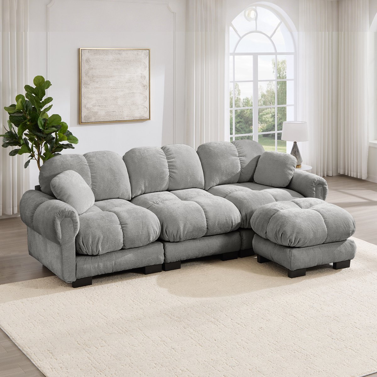 REDOM - Hoekbank - L-vormig 3-zits model met verplaatsbare ottomane en 2 sierkussens - Chenille bekleding - Gestikt patroon - Woonkamer - Lichtgrijs - 260 x 149 x 90 cm
