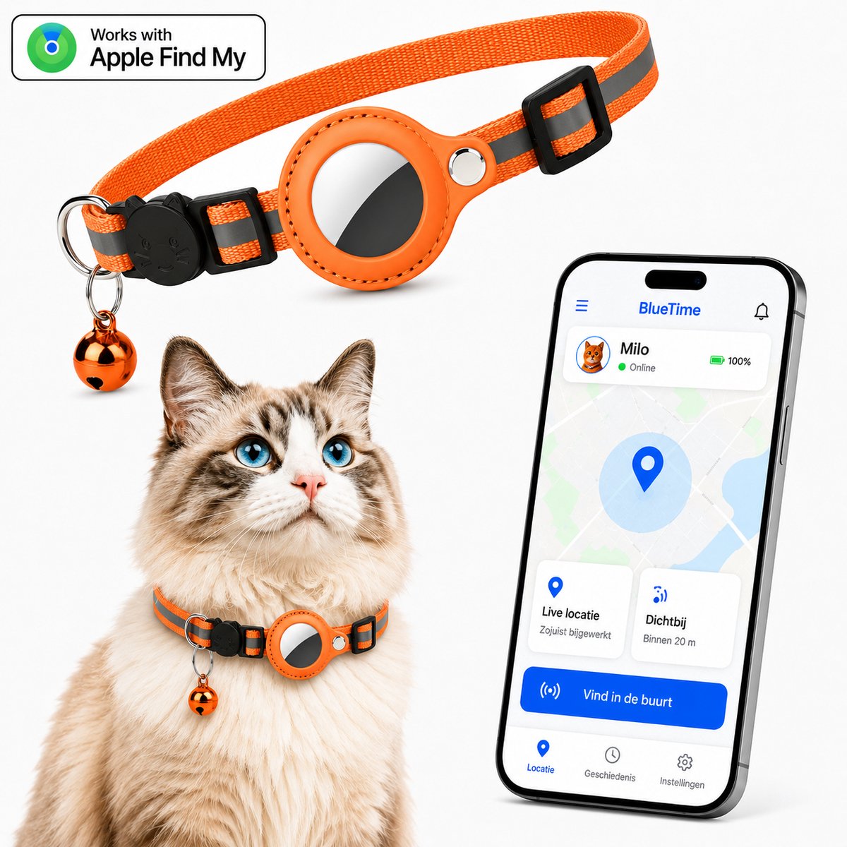 BlueTime® Kattenhalsband - Katten Bandje met Tracker - Halsband Incl. GPS Tag voor Apple Find My - Verstelbaar met Veiligheidssluiting en Belletje - voor Kat & Kitten - Zonder Abonnement - Air Cat Collar - Oranje