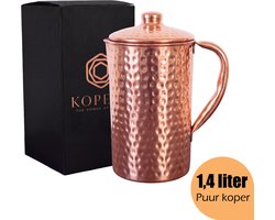 Kopero Premium Koperen Waterkan Gehamerd met Deksel - 1,4 liter - Puur Koper - Handgemaakt - Koperen Kan - Koperen Karaf - Koperen Waterkaraf - Koperen Schenkpot - Koperen Tafelkan - Koperen Schenkkan - Ayurveda
