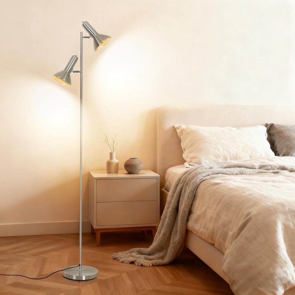 Amdelne Ijzeren Vloerlamp Nikkel - 2 Trompet lampenkap - E27 Lamphouder MAX60W - 2 meter stekker kabel -drukknopschakelaar - Zonder lamp
