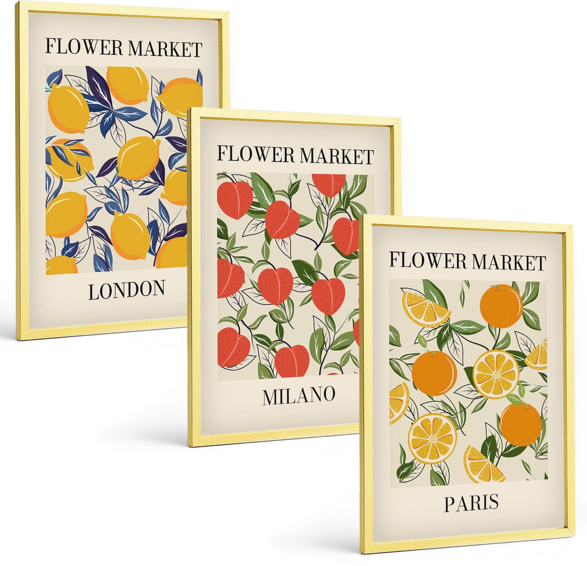 Coloray 3-Delige Schilderij Set - Bloemenposters Parijs Londen - 40 x 40 cm En 40 x 60 cm - Stijlvolle Muurdecoratie - Slaapkamer - Wanddecoratie