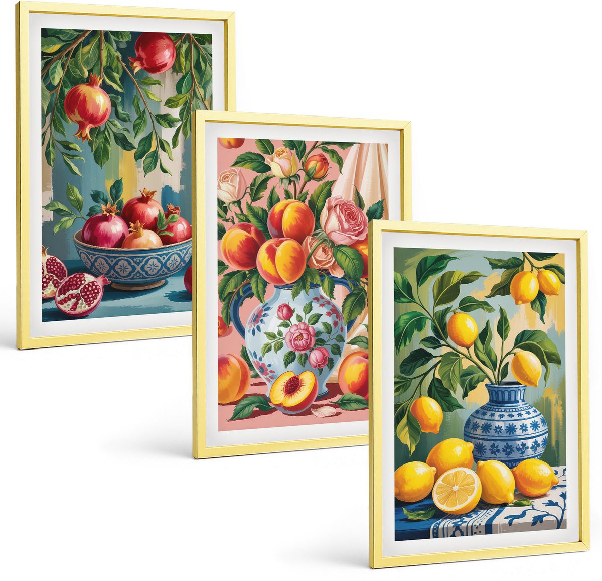 Coloray 3-Delige Schilderij Set - Uitzicht Op Citrusbomen Vanuit Het Raam En Architectuur Aan Zee. - 40 x 40 cm En 40 x 60 cm - Wanddecoratie - Schilderijen Set - Interieur - Muurdecoratie