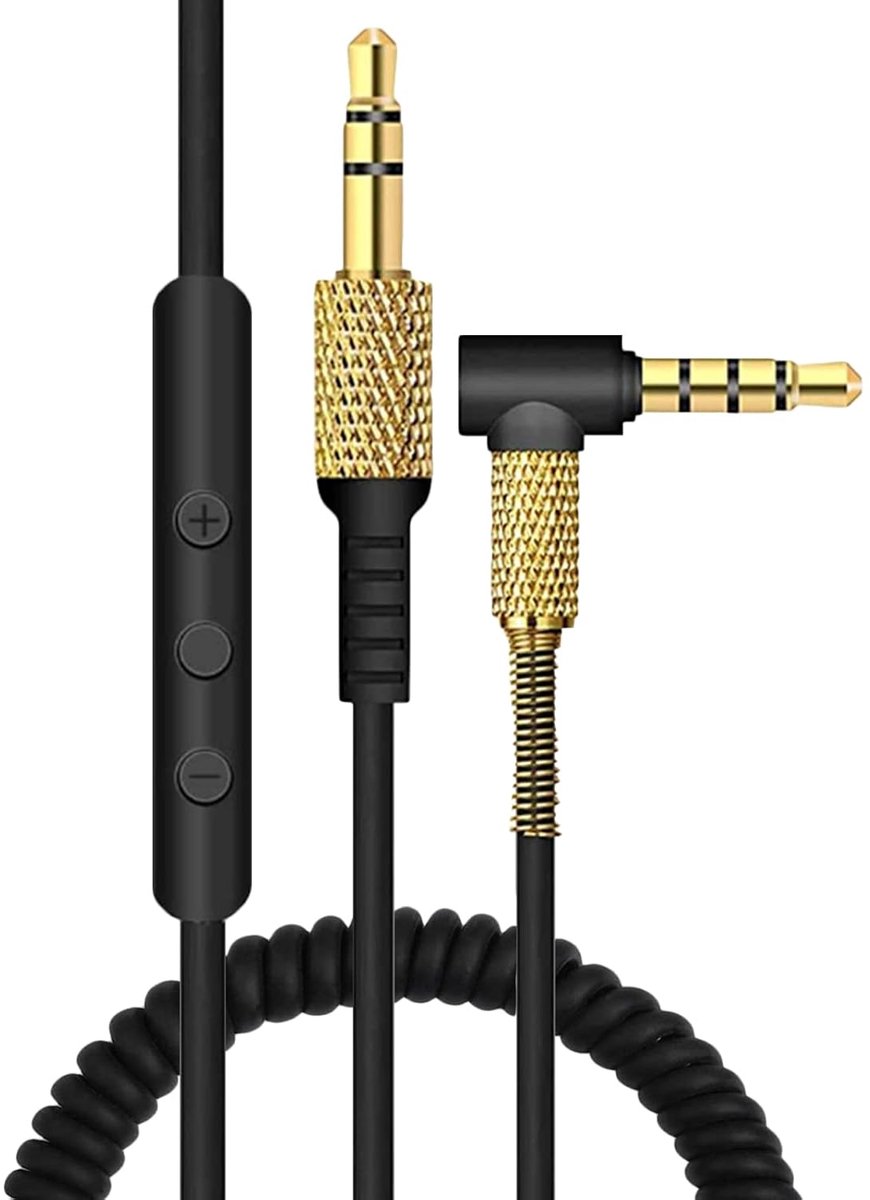 Vervangende audiokabel compatibel met Marshall Major 1/2/3 hoofdtelefoons, omwikkelde stereo-audioverlengkabel met externe microfoon en volumeregeling (zwart)