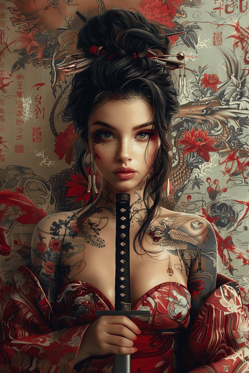 Geisha Poster - Samurai - Meisje - Japanse - Kunst - Stijlvolle - posters - formaat 70x100cm - Wanddecoratie - L2726MT