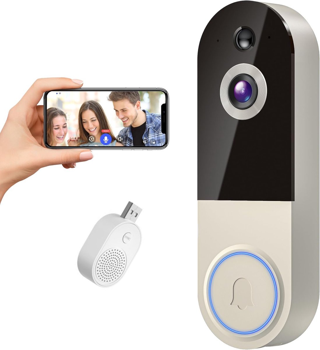 Namajunas - Draadloze deurbelcamera - Video-intercom - Draadloze wifi-videodeurbelcamera, 1080p-resolutie, ondersteunt tweewegsaudio, nachtzicht, cloudopslag en intelligente AI-bewegingsdetectie; ondersteunt alleen 2,4 GHz wifi.Gebroken wit