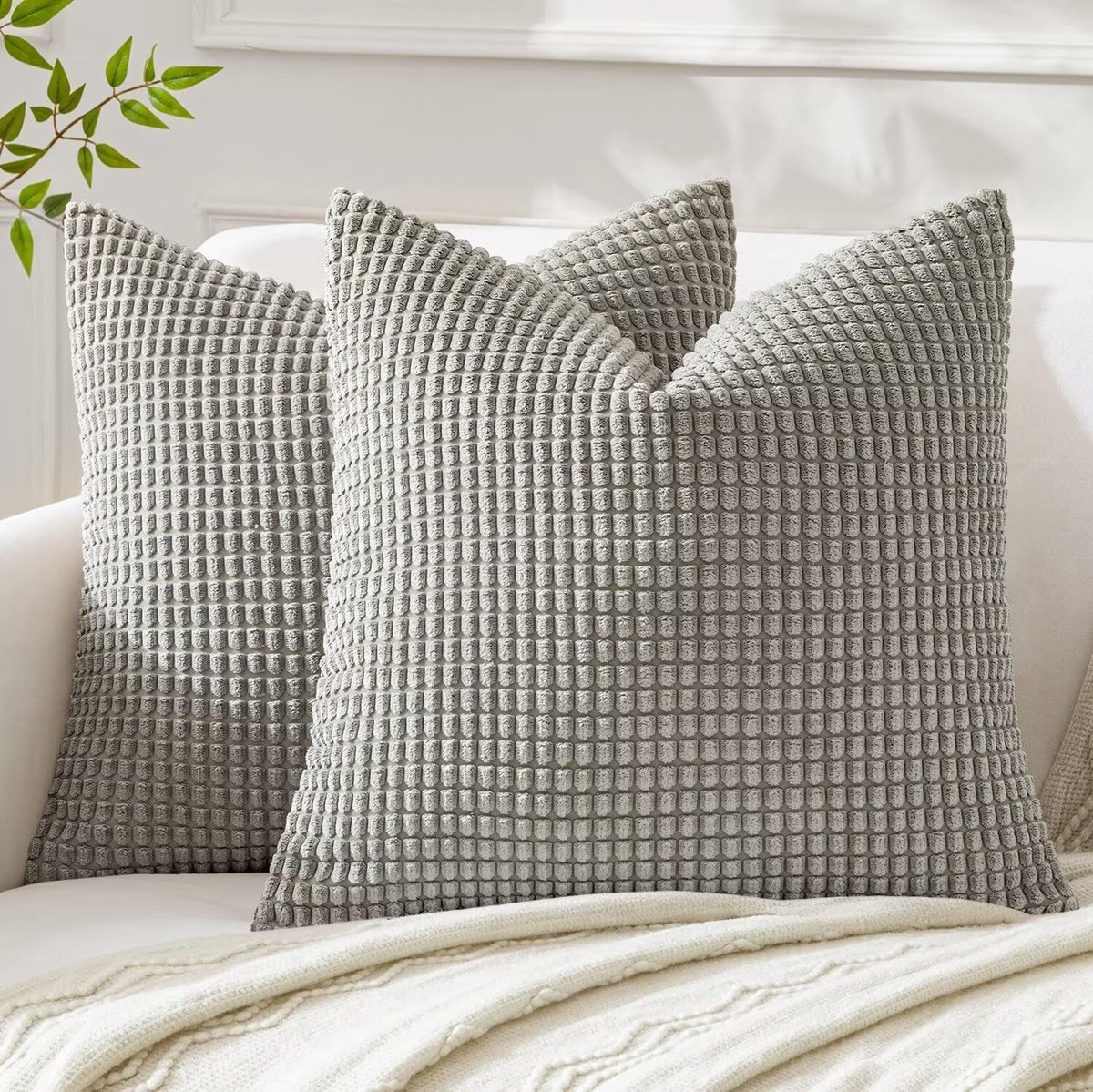Zachte Corduroy Kussenhoezen voor Decoratie, Set van 2 Vierkante Kussens 45x45 cm Lichtgrijs voor Slaapkamer en Woonkamer