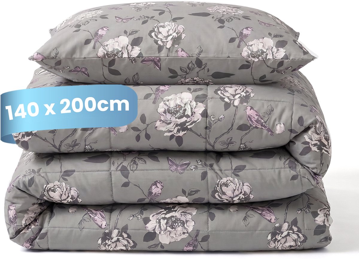 Slaapspeciaal Essential Print Grey Garden - Dekbed zonder Overtrek - Wasbaar Dekbed - Hoesloos Dekbed - All Year Dekbed - 2 in 1 Dekbed - Incl. 1 Kussensloop - 140x200 cm