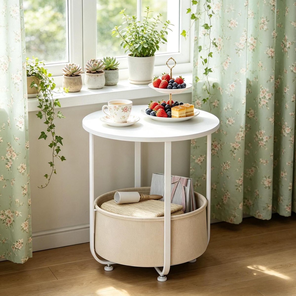 MODFU - Ronde Salontafel - Bijzettafel Met Opbergmand - Wit - 45 Cm