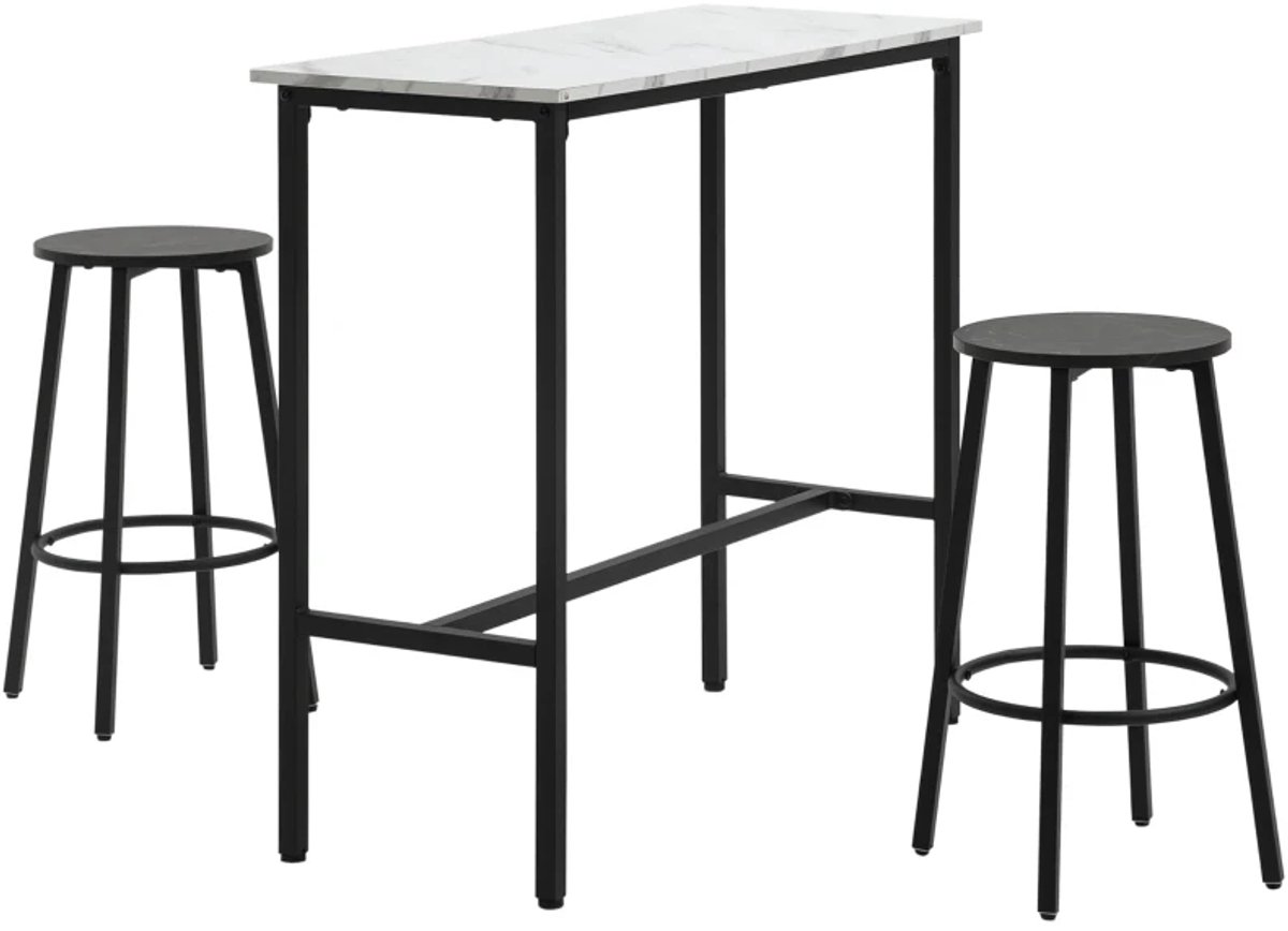 Eethoek Voor 2 Personen - Barset Met 1 Tafel En 2 Barkrukken - Tafelblad In Wit Marmerlook - Stalen Frame