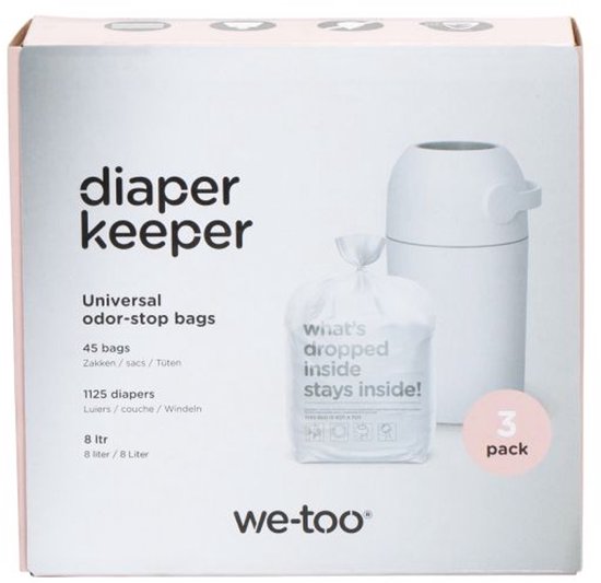 Doos met "diaper keeper" opdruk, universele geurzakjes 45 stuks, 1125 luiers, 8 liter, 3 pak.