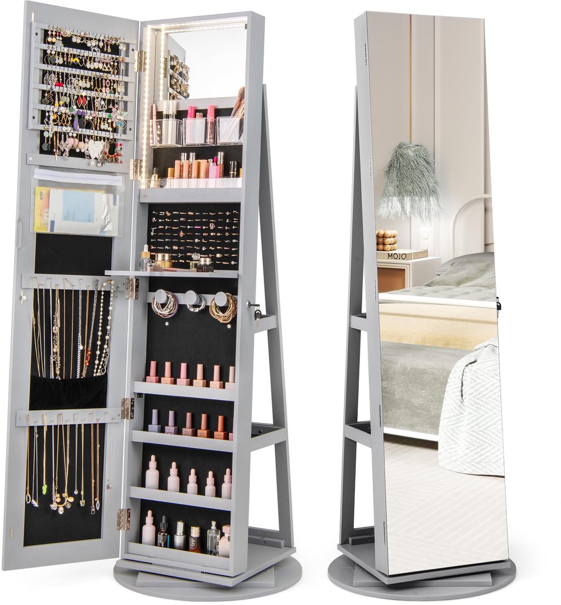 COSTWAY Sieradenkast met full-body spiegel, led-spiegelkast zonder frame, sieradenorganizer, 360 graden draaibaar en afsluitbaar, sieradenopslag (grijs)