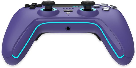 Paarse draadloze controller met blauwe lichtstrips langs de onderrand en een zwarte touchpad.