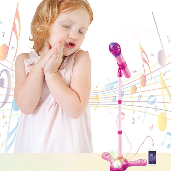 Roze Karaokemicrofoon voor Kinderen - Verstelbare Standaard 40-90 cm - Roterende Lichtbal - 10 Geluidseffecten - Voor Smartphone & MP3 - Vanaf 3 Jaar — afbeelding 3