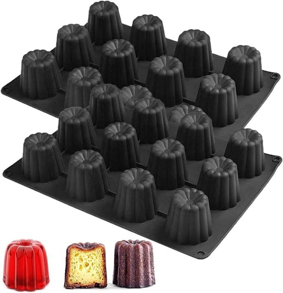 PolkaHome 2 stuks siliconen bakvormen mini canelé - 20 cups per vorm - antiaanbaklaag - zwart