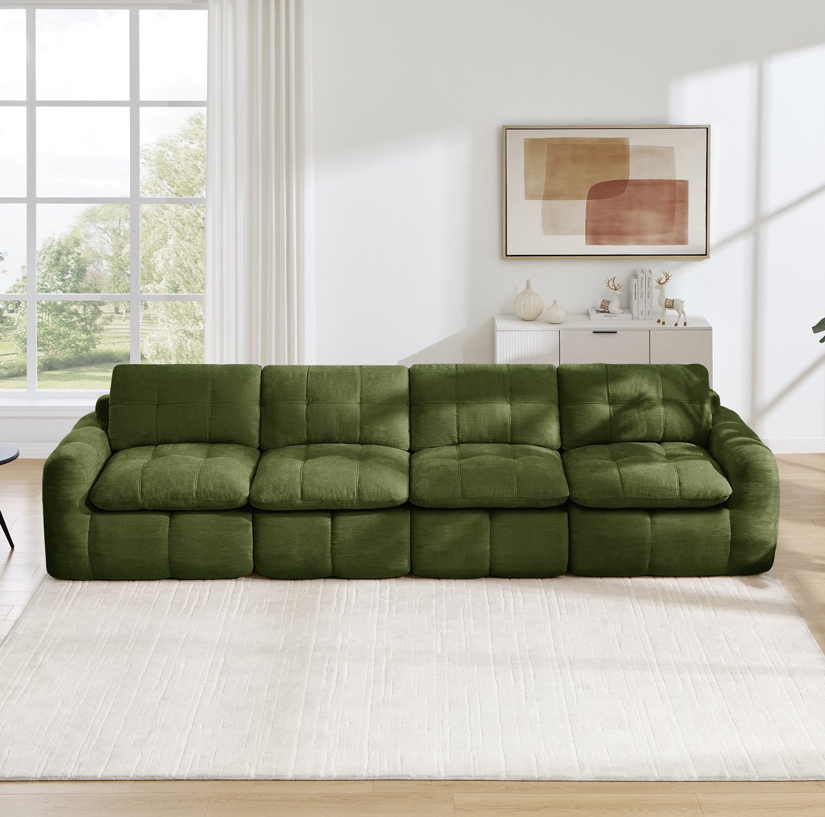 REDOM - Bank - 4-zits modulair - frameloos ontwerp - Chenille bekleding - wolkachtig zitcomfort - woonkamer en appartement - Groen - 334 x 97 x 68 cm