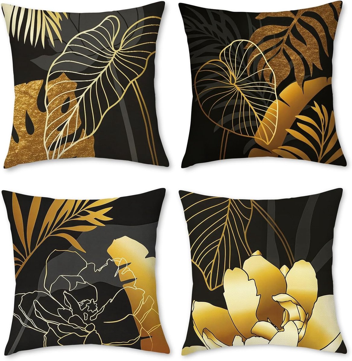 Set van 4 Sierkussenslopen - Goud - 45 x 45 cm - Decoratieve Kussenslopen met Bladpatroon - Voor Bank en Huis