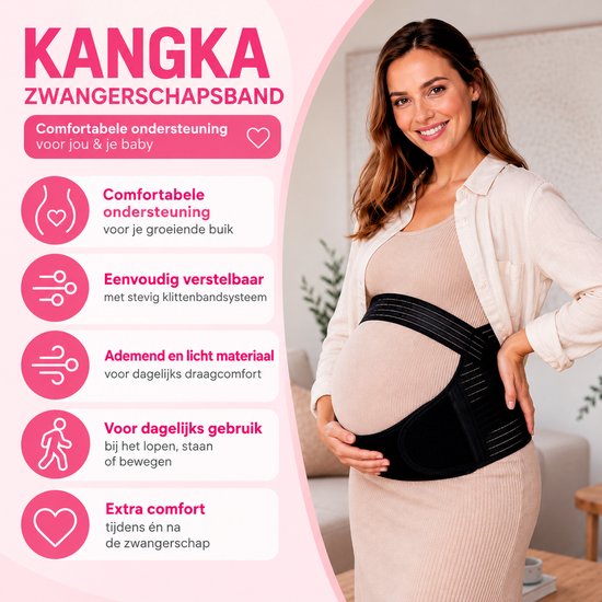 Zwangere vrouw in beige jurk met zwarte zwangerschapsband voor dagelijks comfort.