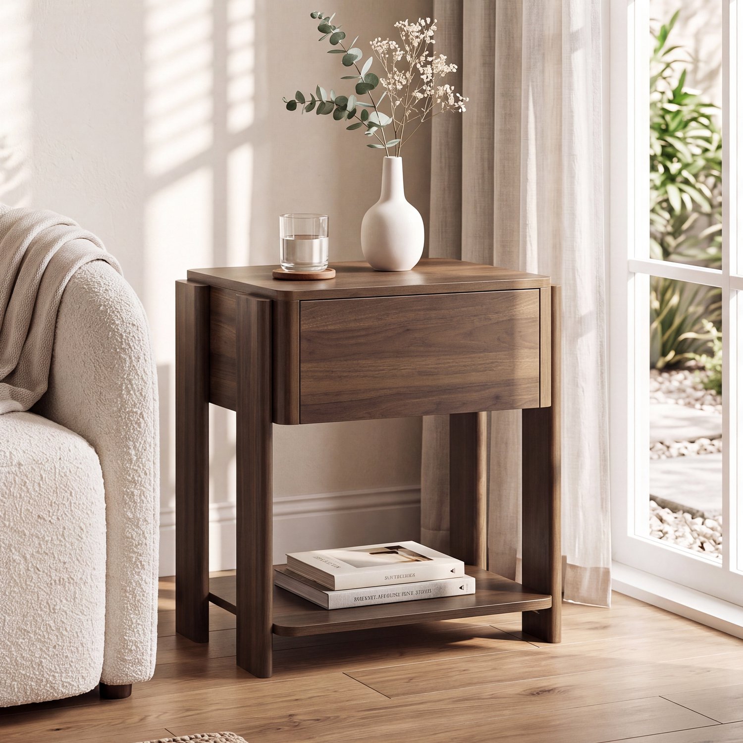 Ropilly Nachtkastje met lade - 53 x 39 x 56 cm - 1 lade en open vak - walnootkleurig MDF en spaanplaat - voor slaapkamer of als bijzettafel