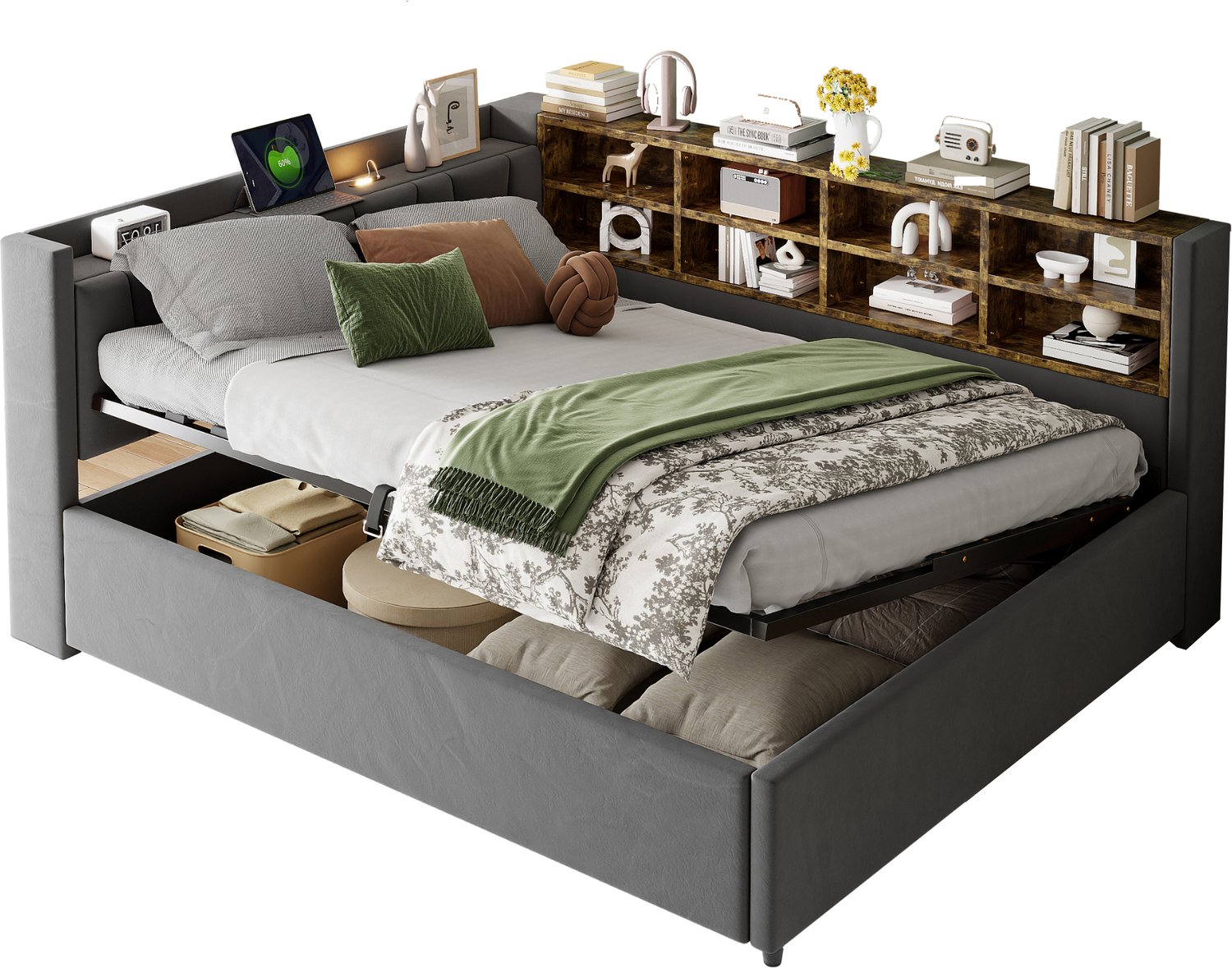 REDOM Gestoffeerd bed 140x200 cm - Hydraulische opbergruimte - Nachtlampje, USB en Type-C - Donkergrijs