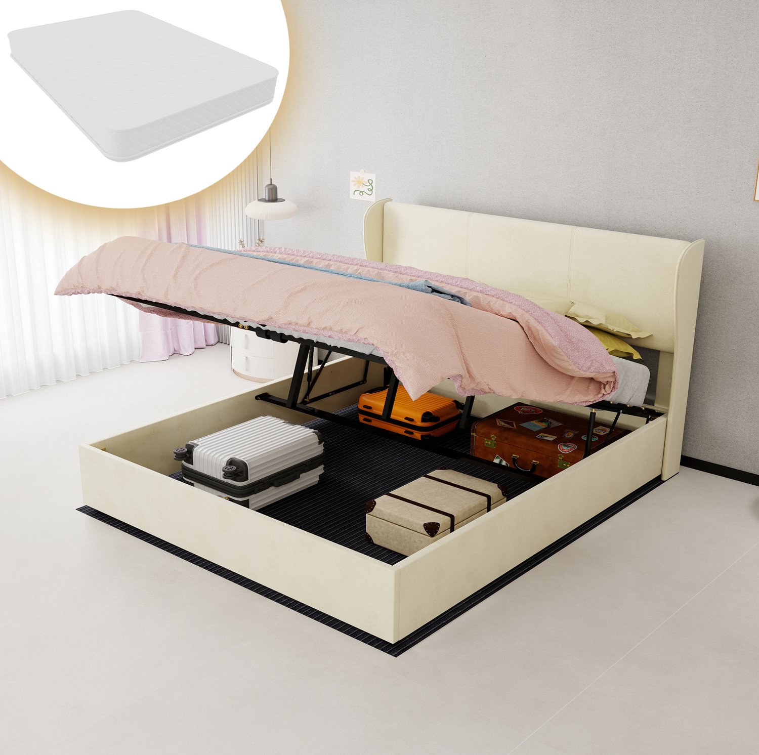 MEUNIQ Gestoffeerd tweepersoonsbed 160 x 200 cm met opbergruimte, gaslift en lattenbodem, zacht hoofdbord voor de slaapkamer, beige