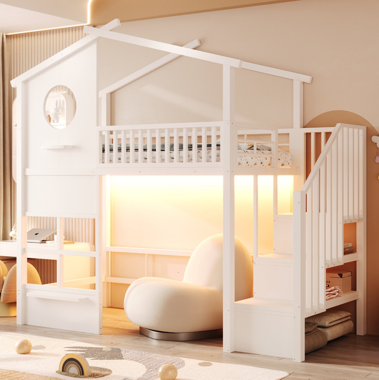 HAUSS SPOLE Hoogslaper 90x200 cm - Huisbed met Opbergtrap en Hoog Hekwerk - Met Ledverlichting voor Kinderkamers - Zonder Matras - Metaal - Wit