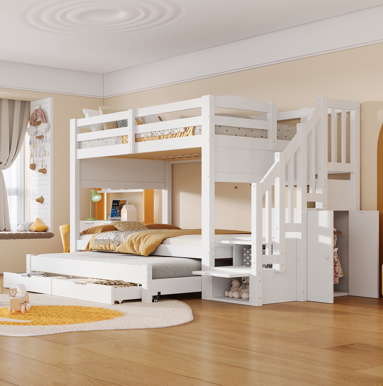 HAUSS SPOLE Stapelbed 90x200 cm - Met Uitschuifbed - Opbergtrap met Vier Vakken, Twee Lades en Kast - Voor Logeerkamer - MDF en Hout - Zonder Matras - Wit