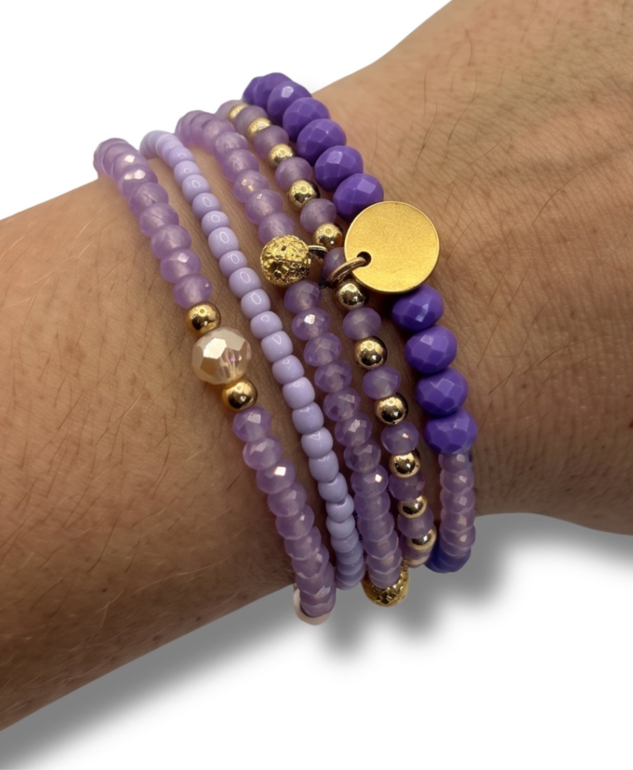 Bohemian Armbanden Set Dames 5-Delig - Elastische Kralenarmbanden - Diameter 6 cm - Paars en Lila