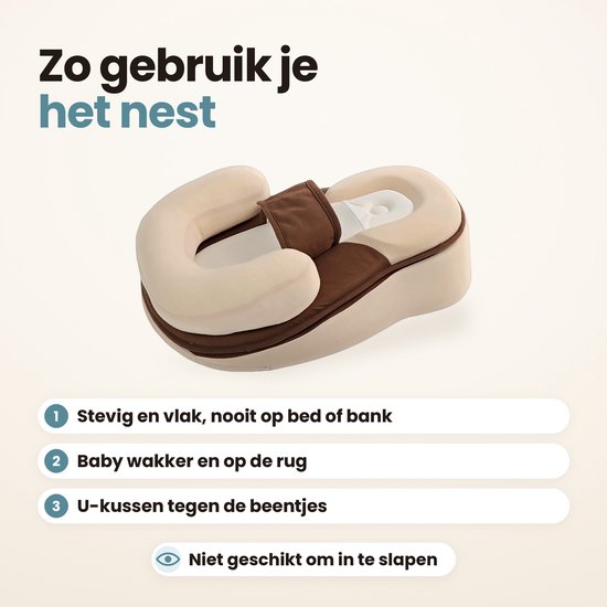 Babynestje in crème en bruin met gebruiksinstructies: stevige ondergrond, baby op de rug, niet geschikt om in te slapen.